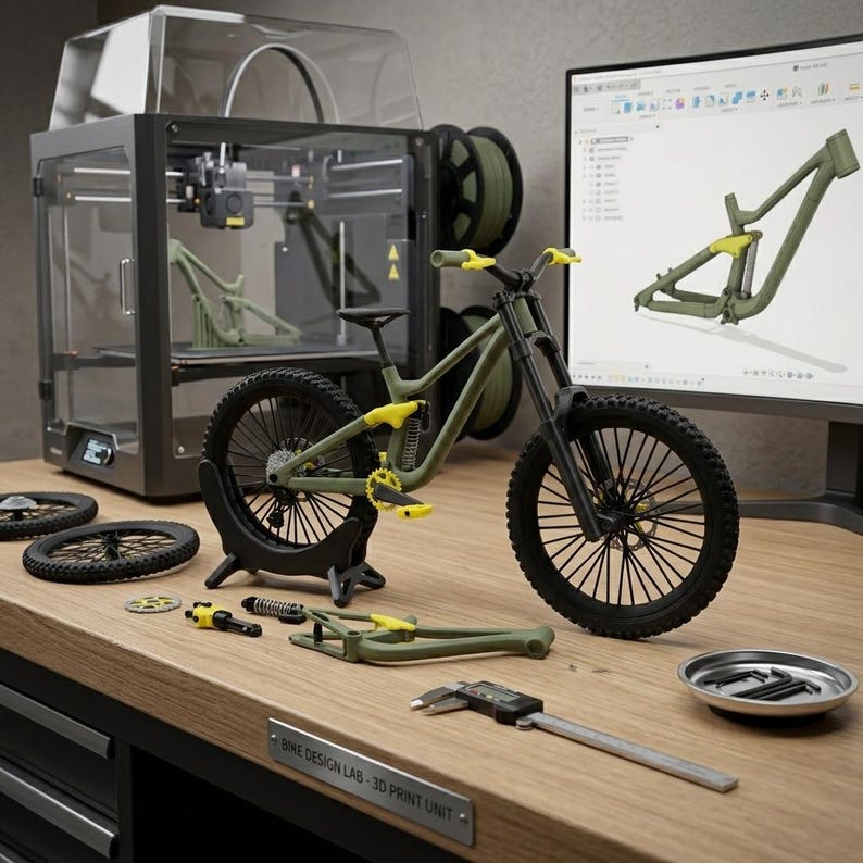 K&ouml;nnte beinhalten: Ein detailliertes Bild eines Mountainbike-Designlabors. Ein gr&uuml;nes und schwarzes Mountainbike mit gelben Akzenten wird gezeigt. Ein 3D-Drucker, ein Computerbildschirm mit Fahrraddesign und Fahrradteile befinden sich auf einer Holzwerkbank. Das Schild lautet "BIKE DESIGN LAB - 3D PRINT UNIT."