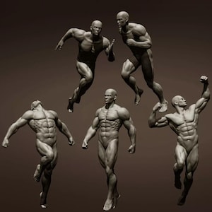Puede incluir: Una colección de cinco figuras masculinas grises y musculosas en varias poses dinámicas. Una figura está corriendo, otra saltando, y otras flexionando o de pie. Las figuras están renderizadas de forma realista, mostrando anatomía detallada.