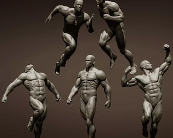 May include: Five grey, muscular male figures in dynamic poses. One is running, another leaping, and others flexing or standing. The figures are realistically rendered, showcasing detailed anatomy. The background is a plain, neutral colour.