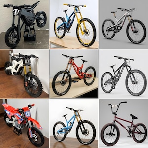 May include: A collection of various bicycles and motorcycles, including mountain bikes, BMX bikes, and electric motorcycles. The bikes come in a variety of colors, such as red, blue, black, and white. Some bikes have yellow or gold accents.