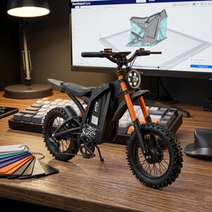 K&ouml;nnte beinhalten: Ein kleines schwarzes und orangefarbenes Elektromotorrad mit Scheinwerfer und Gel&auml;ndereifen. Es steht auf einem Holztisch mit Tastatur, Computermonitor und Farbmustern. Das Motorrad hat den Text "GT18" auf der Seite.