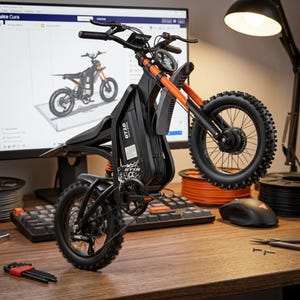 K&ouml;nnte beinhalten: Ein schwarzes und orangefarbenes Elektromotorradmodell mit schwarzem Sitz und Reifen. Das Motorrad steht auf einem Holztisch mit einem Computermonitor, der ein 3D-Modell desselben Motorrads anzeigt. Das Modell hat den Text "GT16" auf der Seite.