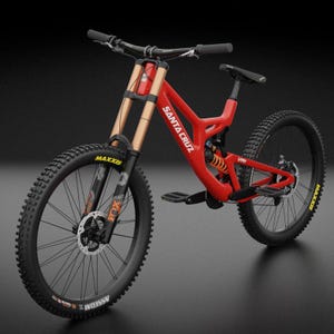 May include: A red Santa Cruz mountain bike with black tires and components. The bike features the brand name on the frame, a suspension fork, and disc brakes. The tires have the brand name Maxxis.