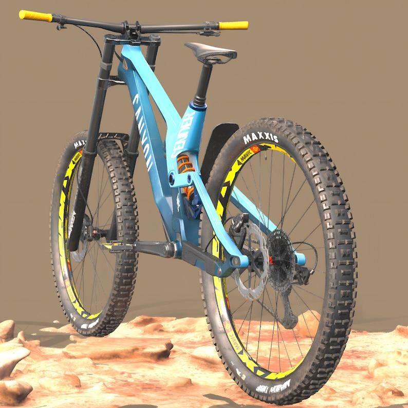K&ouml;nnte beinhalten: Hellblaues Mountainbike mit schwarzen Reifen und gelben Akzenten. Das Fahrrad hat ein Federungssystem und Scheibenbremsen. Der Markenname "Canyon" ist auf dem Rahmen sichtbar. Die Reifen tragen das "Maxxis"-Logo.