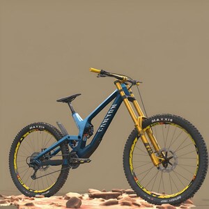 K&ouml;nnte beinhalten: Ein blau-gelbes Canyon Mountainbike mit schwarzen Reifen. Das Fahrrad hat gelbe Federgabeln, Lenker und Akzente auf den R&auml;dern. Die Reifen tragen das Maxxis-Logo.