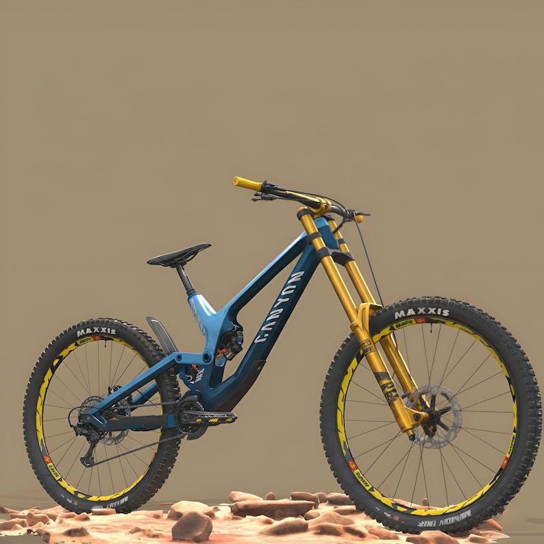 K&ouml;nnte beinhalten: Ein blau-gelbes Canyon Mountainbike mit schwarzen Reifen. Das Fahrrad hat gelbe Federgabeln, Lenker und Akzente auf den R&auml;dern. Die Reifen tragen das Maxxis-Logo.