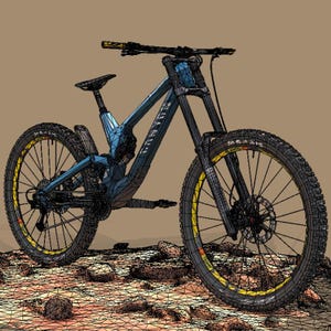 K&ouml;nnte beinhalten: Blau-schwarzes Mountainbike mit gelben Akzenten. Das Fahrrad hat einen vollgefederten Rahmen, Scheibenbremsen und Stollenreifen. Die R&auml;der haben gelbe Felgen. Das Fahrrad steht auf einem felsigen Untergrund.