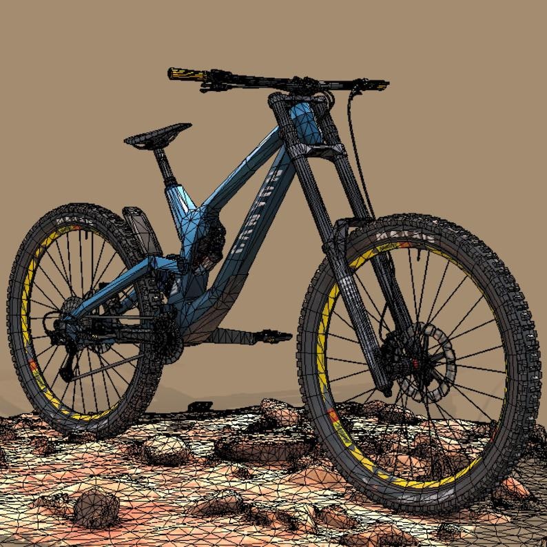 K&ouml;nnte beinhalten: Blau-schwarzes Mountainbike mit gelben Akzenten. Das Fahrrad hat einen vollgefederten Rahmen, Scheibenbremsen und Stollenreifen. Die R&auml;der haben gelbe Felgen. Das Fahrrad steht auf einem felsigen Untergrund.