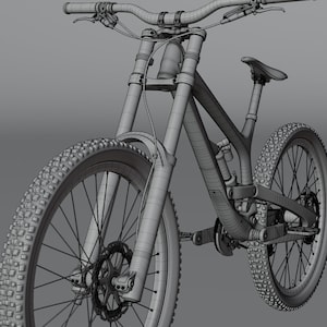 May include: A detailed wireframe rendering of a mountain bike, showcasing its components. The bike features knobby tires, disc brakes, and a suspension system. The handlebars, seat, and frame are visible, highlighting the bike's design.