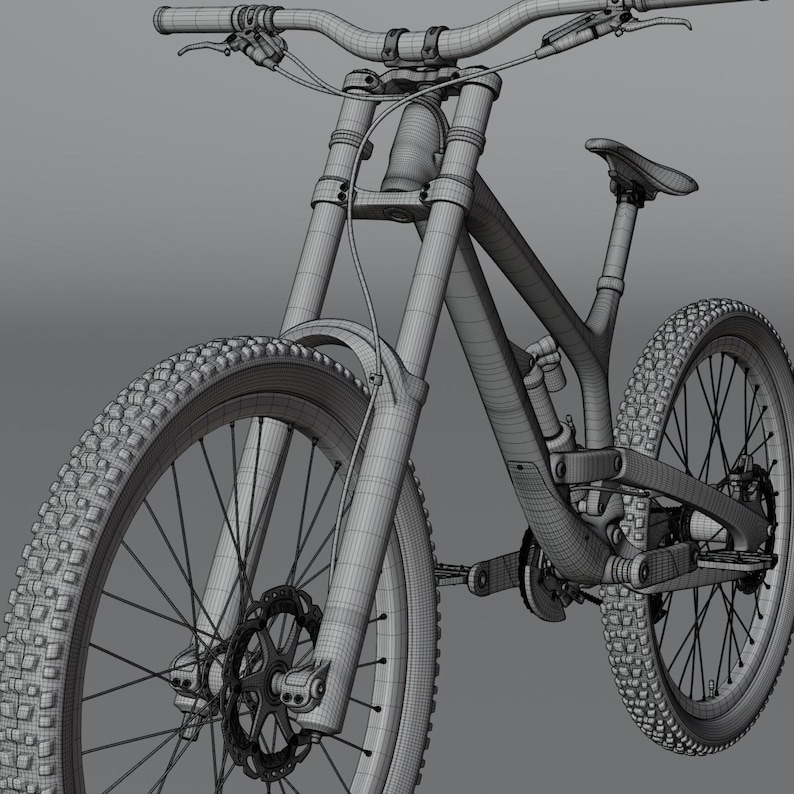 May include: A detailed wireframe rendering of a mountain bike, showcasing its components. The bike features knobby tires, disc brakes, and a suspension system. The handlebars, seat, and frame are visible, highlighting the bike's design.
