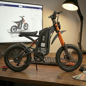 K&ouml;nnte beinhalten: Schwarz-oranges Elektro-Dirtbike mit dem Text "GT16" an der Seite. Das Bike hat einen schwarzen Sitz, Reifen und Rahmen, mit orangefarbener Federung und Gabel. Das Bike steht auf einem Holzschreibtisch.