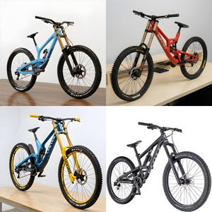 Nuovo set di 4 modelli 3D di mountain bike da downhill, Santa Cruz, Scott FR710, Canyon CF 9.0 in formato blend, dae, fbx, obj, usd, stl, download immediato.