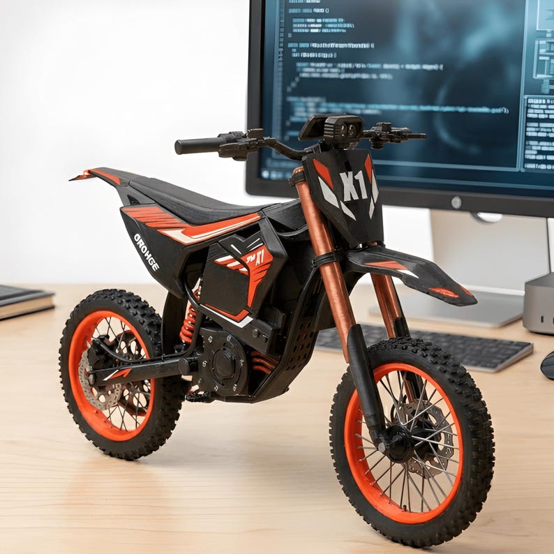 May include: A black and orange toy motorcycle with the text "X1" on the front. The motorcycle has orange wheels and suspension, with the text "GROHGE" on the side. The motorcycle is on a wooden surface.