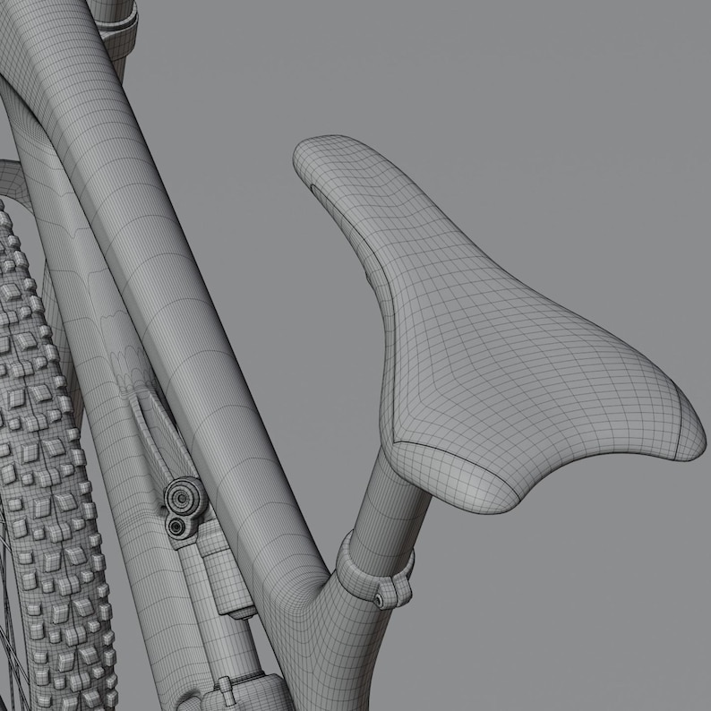 May include: A detailed wireframe rendering of a bicycle, showcasing the seat, frame, and tire. The seat is a light gray color, and the frame has a curved design. The tire has a textured pattern. The image is set against a neutral gray background.