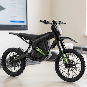 May include: A black electric dirt bike model featuring a matte finish, knobby tires, and black spoked wheels. The frame displays bright green accents and the word Rawr printed in green on the side. It includes a front headlight, a rear suspension spring, and a black seat.