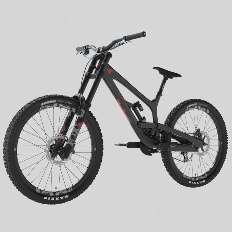 May include: A black mountain bike with a suspension fork and disc brakes. The bike has black tires with white lettering and a black seat. The frame has red accents. The handlebars are silver.