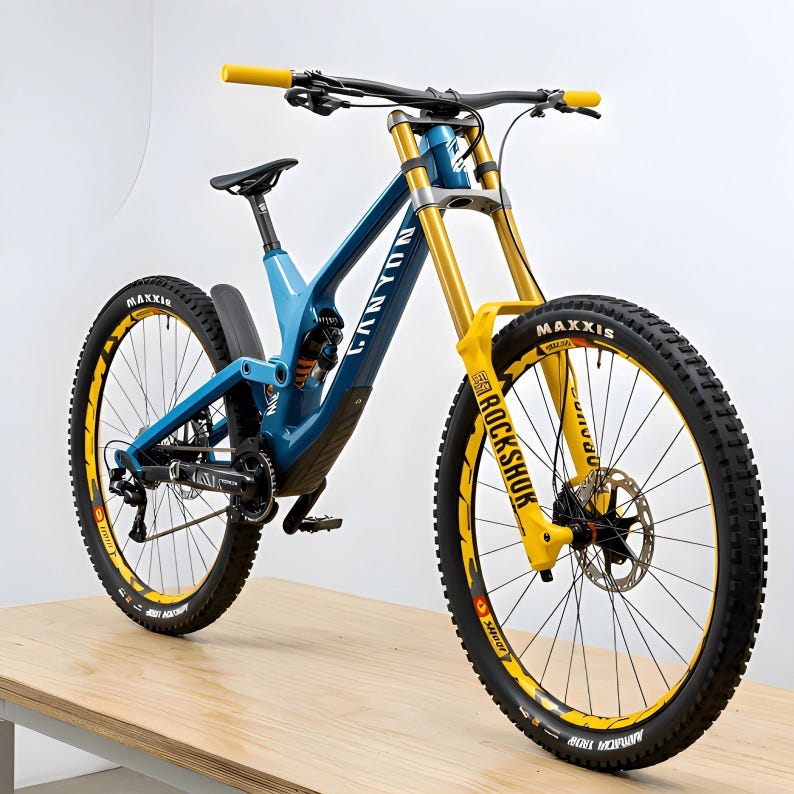 Puede incluir: Una bicicleta de monta&ntilde;a azul y amarilla con neum&aacute;ticos negros. La bicicleta tiene la marca "Canyon" en el cuadro y "Rockshox" en la suspensi&oacute;n delantera. Los neum&aacute;ticos tienen detalles amarillos y la bicicleta est&aacute; sobre una superficie de madera.