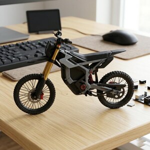May include: A detailed model of a grey and black electric dirt bike with gold suspension forks and red accents. The miniature motorcycle sits on a wooden desk, showcasing its intricate design and off-road tyres.