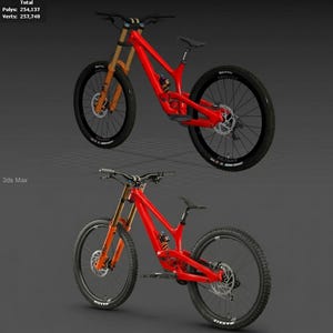 May include: Two red mountain bikes with black tires and orange suspension forks are displayed against a gray background. The bikes have black seats and handlebars. The image is a 3D rendering.