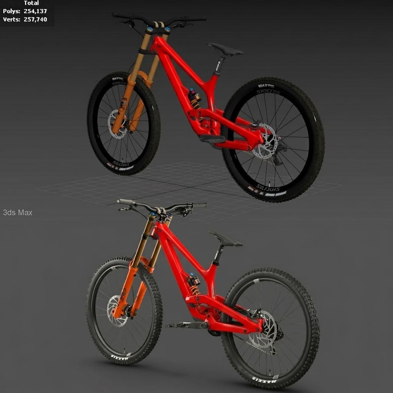 May include: Two red mountain bikes with black tires and orange suspension forks are displayed against a gray background. The bikes have black seats and handlebars. The image is a 3D rendering.