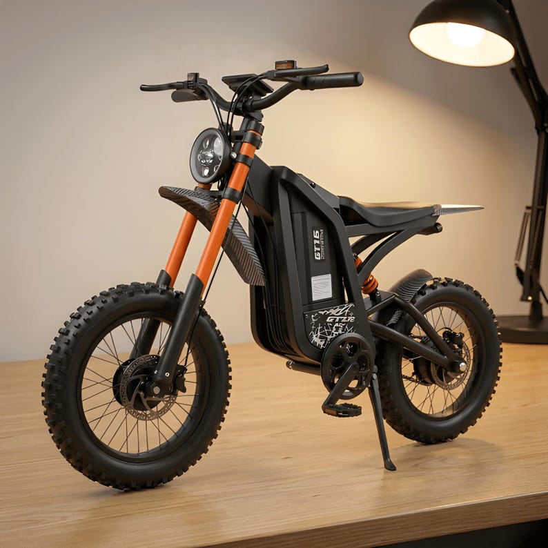K&ouml;nnte beinhalten: Schwarz-oranges Elektro-Dirtbike mit rundem Scheinwerfer und Stollenreifen. Das Bike hat einen schwarzen Sitz, Lenker und Rahmen mit orangefarbenen Federgabeln. Auf der Seite des Bikes steht der Text "GT16".