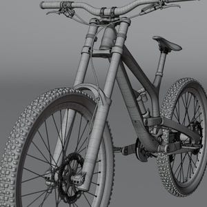 May include: A wireframe rendering of a mountain bike, showcasing its components. The bike features knobby tires, disc brakes, and a suspension system. The handlebars, seat, and frame are visible, highlighting the bike's design.