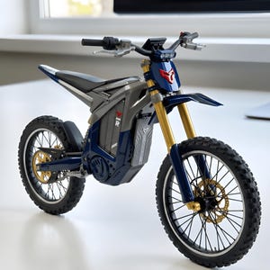 Op de afbeelding: Een schaalmodel van een elektrische crossmotor met een donkerblauw en grijs frame, goudkleurige voorvorken en zwarte noppenbanden. De motor heeft een rood logo op de voorkap en de letter R op het zijpaneel, met een zwart zadel en stuur.