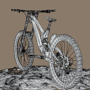 K&ouml;nnte beinhalten: Ein Drahtgittermodell eines Mountainbikes, das seine Komponenten zeigt: Federgabel, Stollenreifen und Scheibenbremsen. Das Fahrrad steht auf einer strukturierten, felsigen Oberfl&auml;che mit neutralbraunem Hintergrund.