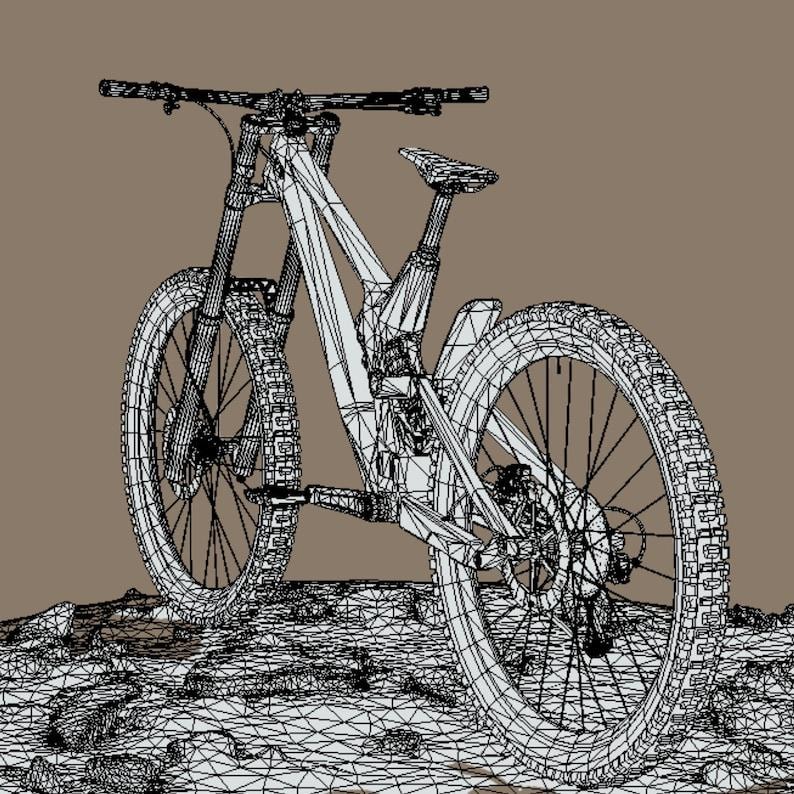 K&ouml;nnte beinhalten: Ein Drahtgittermodell eines Mountainbikes, das seine Komponenten zeigt: Federgabel, Stollenreifen und Scheibenbremsen. Das Fahrrad steht auf einer strukturierten, felsigen Oberfl&auml;che mit neutralbraunem Hintergrund.