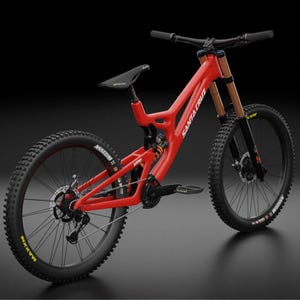 May include: A red Santa Cruz mountain bike with black tires and components. The bike has a VPP suspension system and the brand name is visible on the frame. The tires have the word "Maxxis" in yellow.