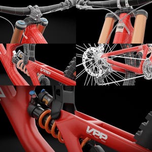 May include: A detailed view of a red mountain bike, showcasing its components. The image highlights the handlebars, suspension, wheels, and frame, with a focus on the VPP (Virtual Pivot Point) design. The bike's design is rendered with a wireframe overlay.