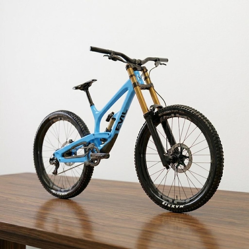 May include: A light blue mountain bike with black tires and gold suspension forks. The bike has a black handlebar and seat. The word "EVIL" is visible on the frame. The bike is on a wooden surface.