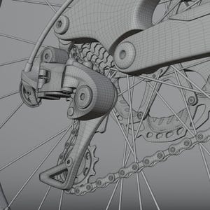 May include: Close-up of a bicycle's rear derailleur system, chain, and gears. The components are rendered in a wireframe style, showcasing the mechanical structure and design of the bicycle's drivetrain.
