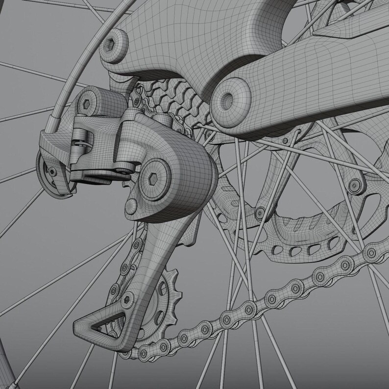 May include: Close-up of a bicycle's rear derailleur system, chain, and gears. The components are rendered in a wireframe style, showcasing the mechanical structure and design of the bicycle's drivetrain.