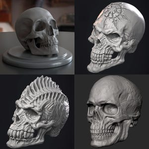 Op de afbeelding: Een verzameling van vier grijze schedelsculpturen. Eén schedel rust op een ronde basis. De andere drie schedels hebben gedetailleerde gravures, waaronder een stervormig ontwerp en gestructureerde oppervlakken, die een gotisch of horrorthema laten zien.