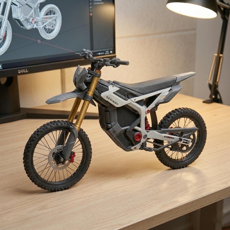 May include: A detailed model of a Segway electric dirt bike, predominantly grey and black, with gold suspension and red detailing. The model sits on a wooden surface. The bike has black tyres and the text "SEGWAY".