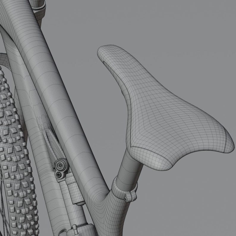 May include: A detailed wireframe rendering of a bicycle, showcasing the seat, frame, and tire. The seat is a light gray color, and the tire has a textured pattern. The frame is a complex design.
