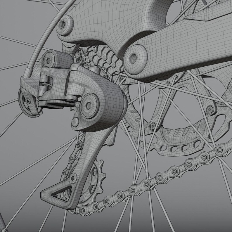 May include: Close-up of a bicycle's rear derailleur, chain, and gears. The components are rendered in a wireframe style, showcasing the mechanical details of the bicycle's drivetrain. The chain links are visible, connecting the gears.