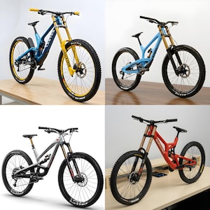 May include: Four mountain bikes are shown, each with suspension forks, disc brakes, and knobbly tyres. The bikes are in blue and yellow, light blue and black, silver and black, and red and brown. The bikes are on display.