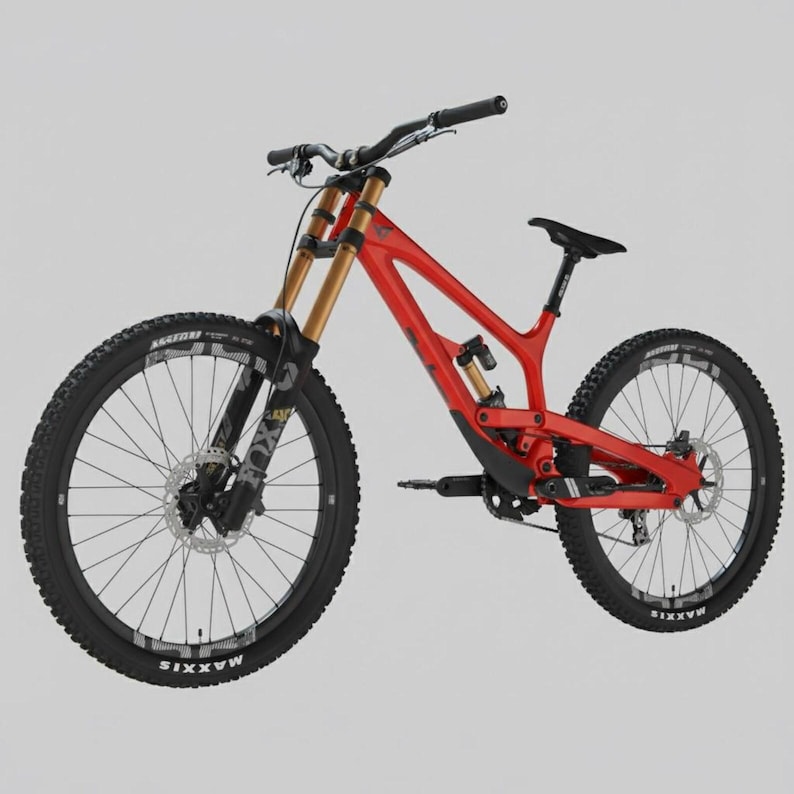 May include: A red mountain bike with black tires and gold suspension forks. The bike has a black seat and handlebars. The tires have the word "MAXXIS" printed on them. The bike is designed for off-road use.