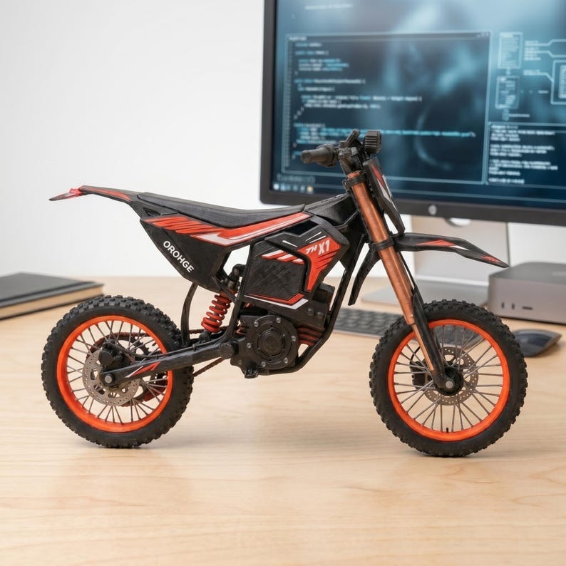 May include: A black and red toy motorcycle with orange accents. The toy motorcycle has the text "OROHGE" and "X1" on the side. The tires are black with orange rims. The motorcycle is on a wooden surface.
