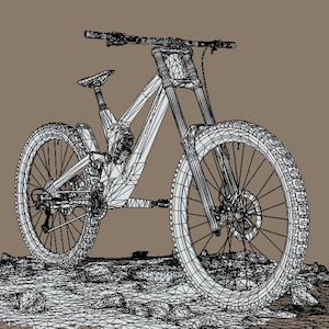 K&ouml;nnte beinhalten: Drahtgitterdarstellung eines Mountainbikes, die seine Komponenten zeigt: Federung, R&auml;der und Lenker. Das Fahrrad ist auf einer felsigen Oberfl&auml;che dargestellt, mit einem neutralen braunen Hintergrund. Das Design betont die Struktur des Fahrrads.