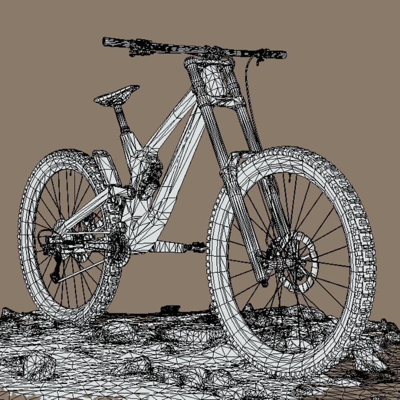 K&ouml;nnte beinhalten: Drahtgitterdarstellung eines Mountainbikes, die seine Komponenten zeigt: Federung, R&auml;der und Lenker. Das Fahrrad ist auf einer felsigen Oberfl&auml;che dargestellt, mit einem neutralen braunen Hintergrund. Das Design betont die Struktur des Fahrrads.