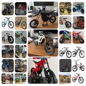 May include: A selection of miniature model bicycles and motorcycles in various colours, including black, red, blue, and white. The models showcase different designs, from mountain bikes to dirt bikes, and are displayed on stands.