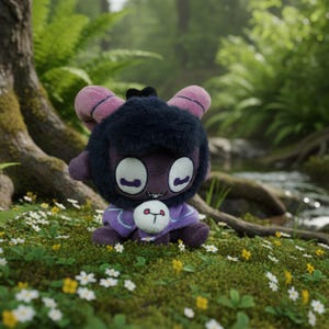 Puede incluir: Un peluche de criatura con cuerpo morado oscuro, pelaje negro y cuernos rosas. Tiene ojos grandes, blancos y de dibujos animados y una boca peque&ntilde;a y sonriente. La criatura lleva una camisa morada y est&aacute; sentada en un lecho de musgo verde y flores blancas.