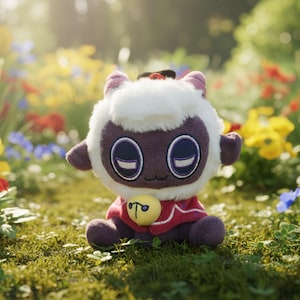 Puede incluir: Un peluche de cordero con una cabeza blanca y esponjosa, cara morada y un atuendo rojo y blanco. El cordero tiene ojos grandes y ovalados y est&aacute; sentado en una zona herbosa con flores coloridas.