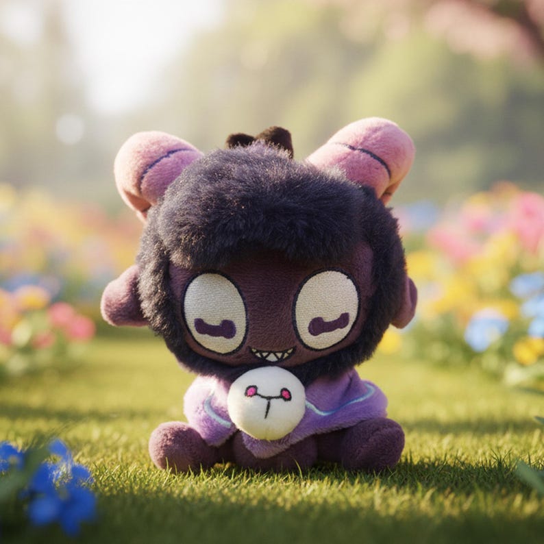 Puede incluir: Un peluche con un cuerpo morado oscuro, ojos grandes y cuernos peque&ntilde;os. El juguete lleva un atuendo morado y tiene un emblema blanco en el pecho. Est&aacute; sentado sobre hierba verde con un fondo floral borroso.