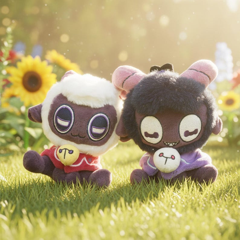 Puede incluir: Dos mu&ntilde;ecos de peluche de cordero con ojos grandes y peque&ntilde;as campanas alrededor del cuello sentados en la hierba. Uno tiene pelaje blanco y un atuendo rojo, el otro tiene pelaje negro y un atuendo morado. El fondo incluye girasoles y otras flores.