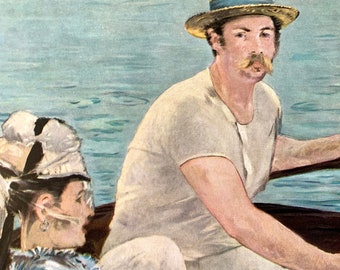 May include: An impressionistic painting depicts two people in a rowboat. A man with a mustache wears a straw hat and white clothing. A woman in a blue dress and hat sits facing him. The background is a light blue water.