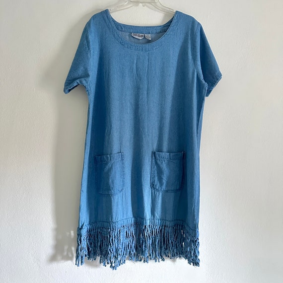 fringe denim dress Western Style Women's Denim with Fringe Button Up Mini Dress Tan / S